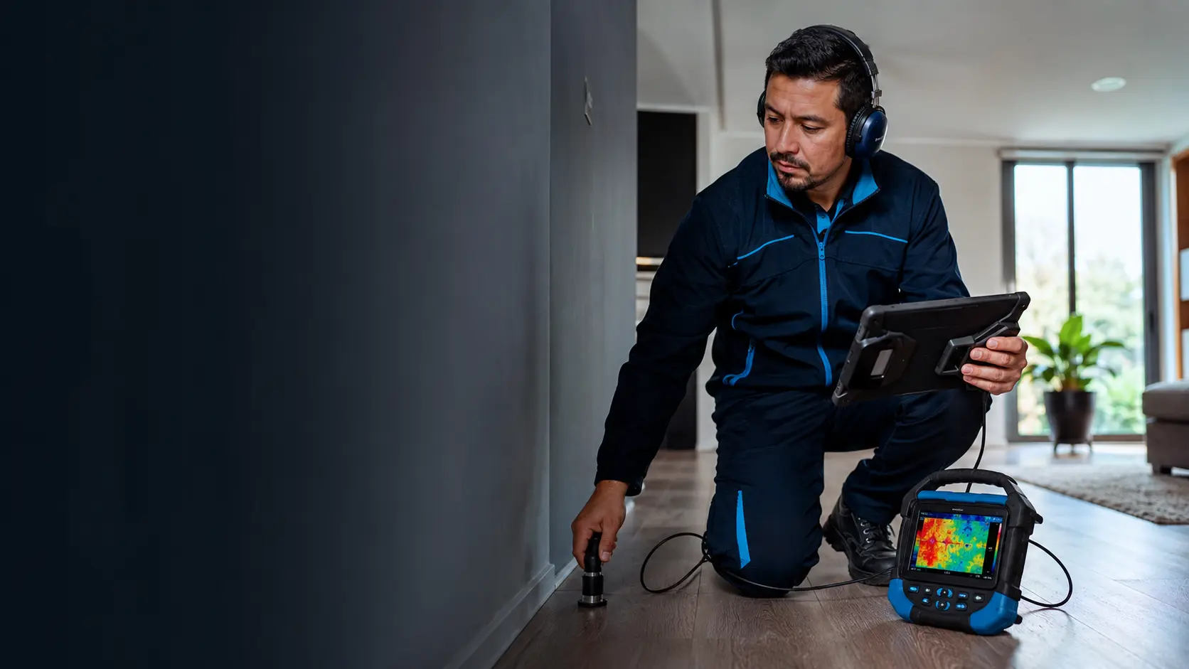 Técnico realizando detección profesional de una fuga de agua